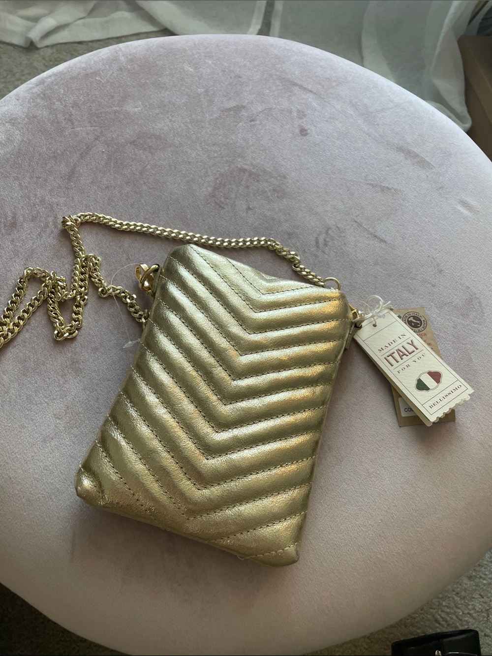Gold Quilted Leather Crossbody Bag with Chain Strap